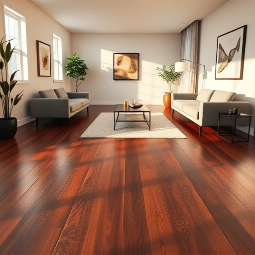 Completed flooring installation in Volente TX showcasing dark hardwood floors in a modern living room with elegant decor.