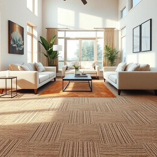 Modern living room in Lakeway TX featuring a richly patterned carpet, stylish furniture, and natural light.