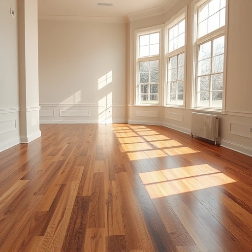 spacious room with polished hardwood floors, warm tones, natural light, soft wall colors, elegant trim and baseboards