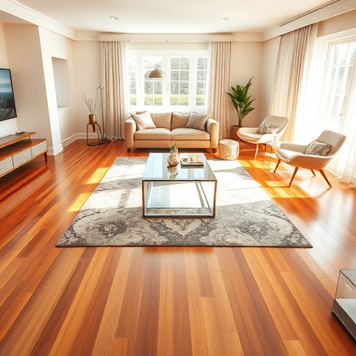 Modern living room in Jollyville TX with polished hardwood floors, elegant rugs, and stylish furniture.