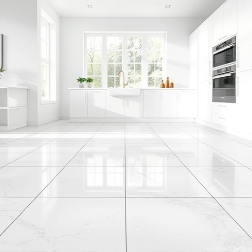 Spotless kitchen with gleaming white and gray tiles, pristine grout, and modern appliances in a sunlit space.