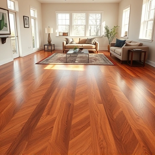 Beautiful hardwood flooring installation in a modern Round Rock living room featuring a herringbone pattern and warm tones.