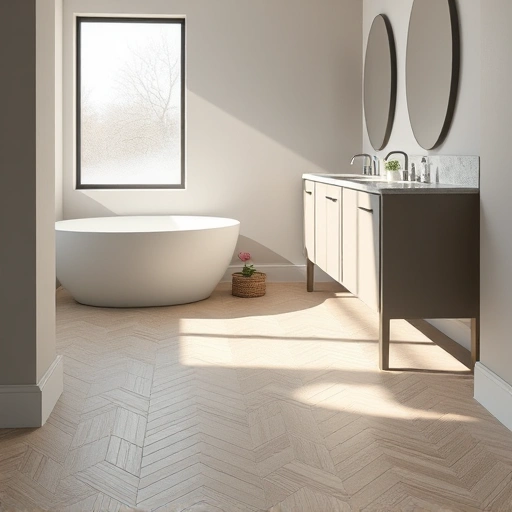 Completed bathroom flooring installation in Round Rock with herringbone tiles, modern vanity, and natural light.