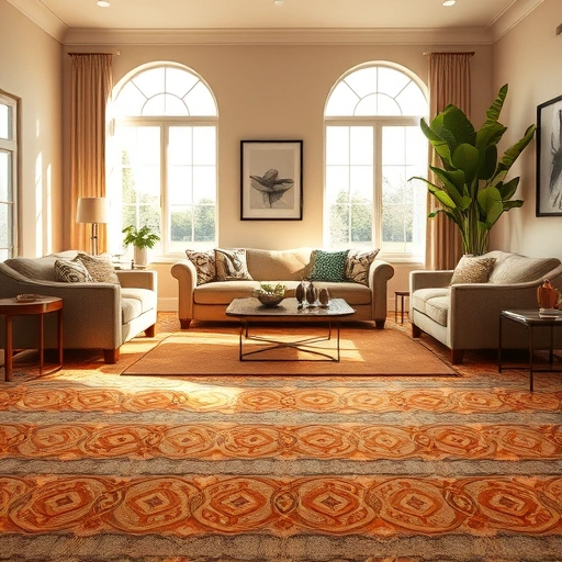 Completed carpet installation in a stylish Jonestown living room with warm patterns, elegant decor, and natural light.