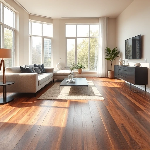 Vinyl SPC flooring in a modern living room with wood-like texture, minimalist decor, and natural light enhancing elegance.