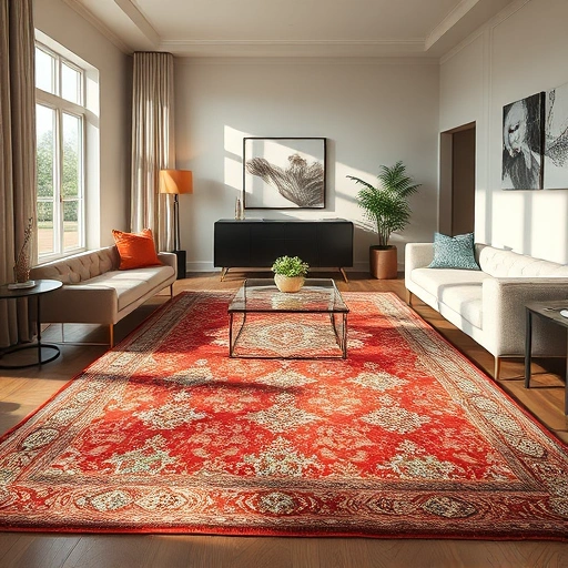 Completed carpet in elegant living room in West Lake Hills TX, showcasing intricate patterns and rich textures.