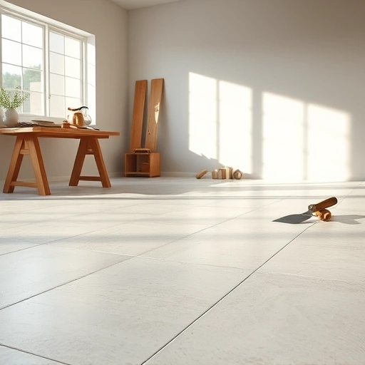 Cement board installation for tile in modern interior with smooth surface, tools, and natural light.