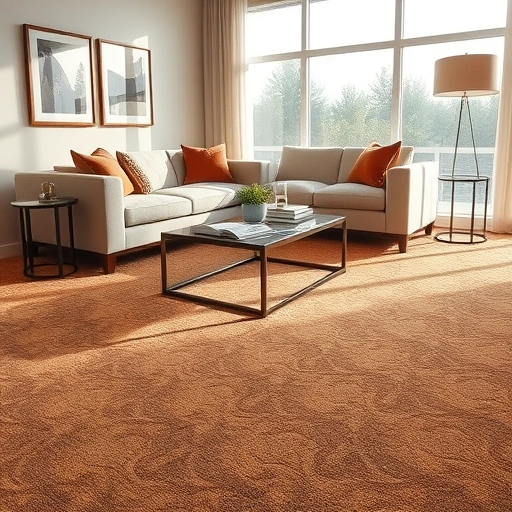 Elegant living room in Leander TX with intricate warm-toned carpet, modern sofa, and natural light highlighting decor.