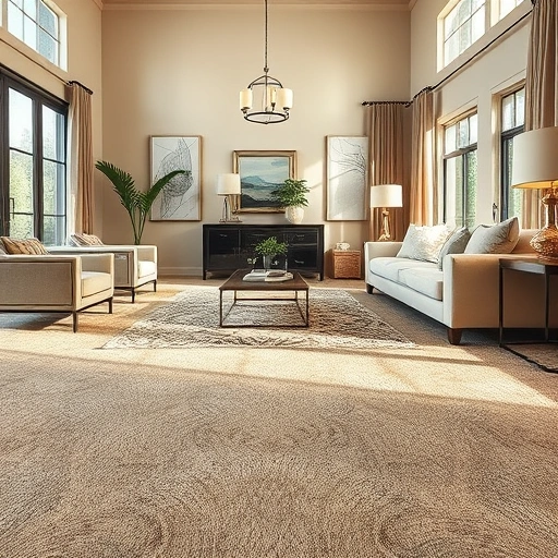 Completed carpet installation in a spacious Anderson Mill living room, showcasing intricate patterns and elegant decor.