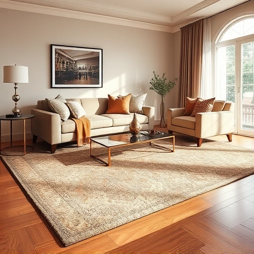 Luxurious living room in Brushy Creek TX with intricate carpet, modern sofa, and elegant decor in warm lighting.