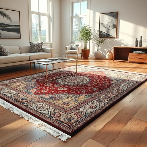 Completed carpet in Liberty Hill with intricate patterns on polished hardwood floor in a stylishly decorated room.
