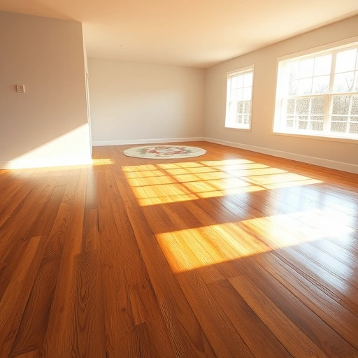 Spacious room featuring warm-toned hardwood flooring with intricate grain patterns and soft natural lighting.
