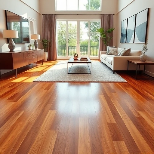 Elegant living room featuring polished hardwood floors, cozy decor, and natural light with serene greenery outside.