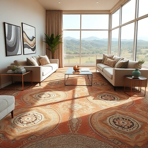 Luxurious living room in The Hills TX with intricate carpet, elegant decor, and scenic views of Texas hills.