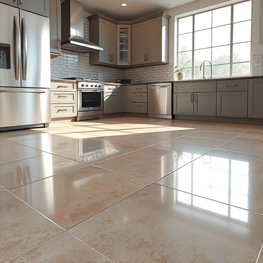 Gleaming freshly sealed tiles in a modern kitchen with sleek cabinetry and natural light highlighting craftsmanship.