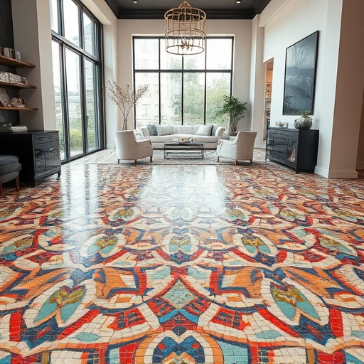 Mosaic tile flooring in Round Rock featuring vibrant patterns and colors in a modern, well-lit interior space.