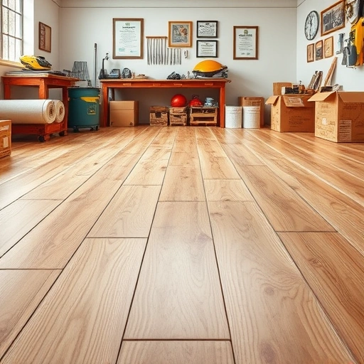 Completed subfloor repair in Round Rock showcasing a seamless wooden surface and organized workshop environment.