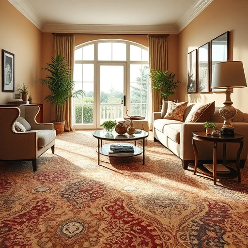 Luxurious living room carpet installation in Cedar Park TX with intricate patterns, elegant furniture, and warm lighting.
