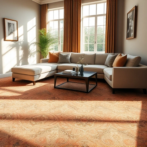 Luxurious living room in Cedar Park TX featuring intricate carpet patterns, elegant furnishings, and natural lighting.