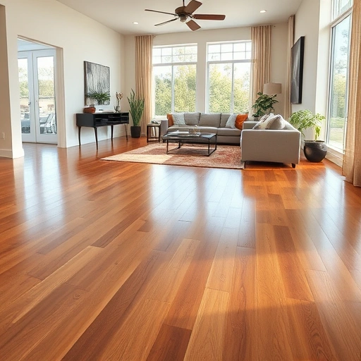 Modern living room in Pflugerville TX with polished hardwood floors, stylish decor, and natural light.