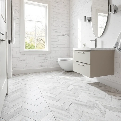 Close-up of freshly regrouted herringbone tiles in a modern bathroom with polished fixtures and natural light.