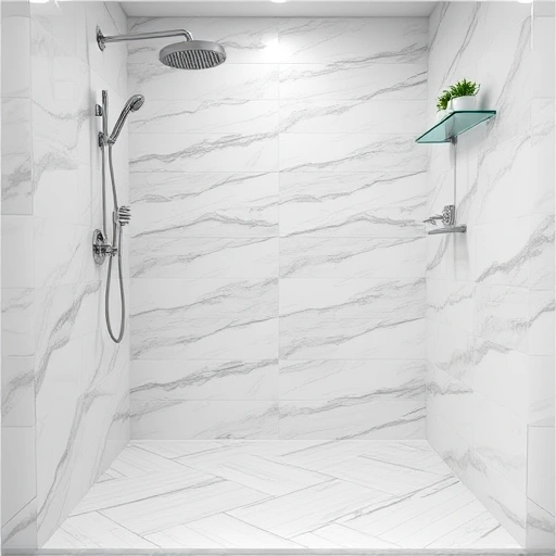 Completed shower floor tile installation in Round Rock featuring elegant ceramic tiles in herringbone pattern and modern fixtures.