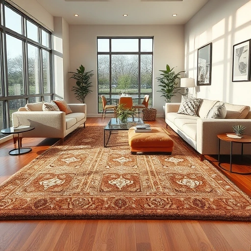 Completed carpet installation in Round Rock with textured area rug in a stylish living room featuring modern decor.