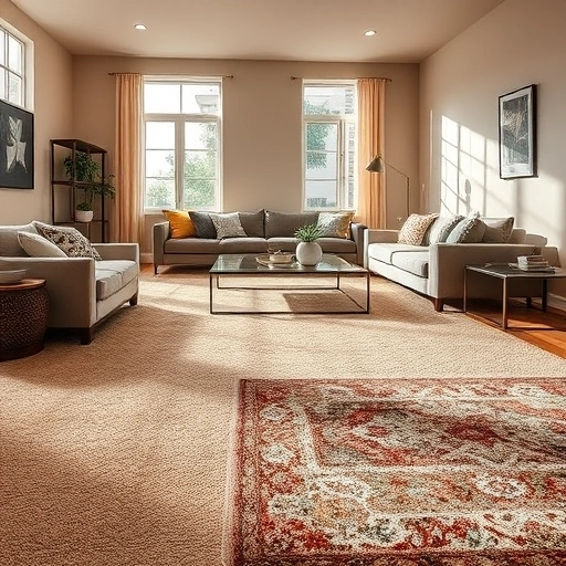 Completed carpet installation in Pflugerville TX showcasing plush design and vibrant colors in a modern living room.