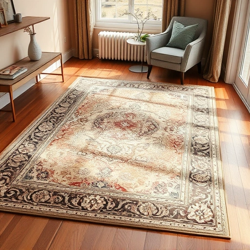Carpet with intricate patterns on hardwood floor, complemented by stylish decor and warm natural lighting.