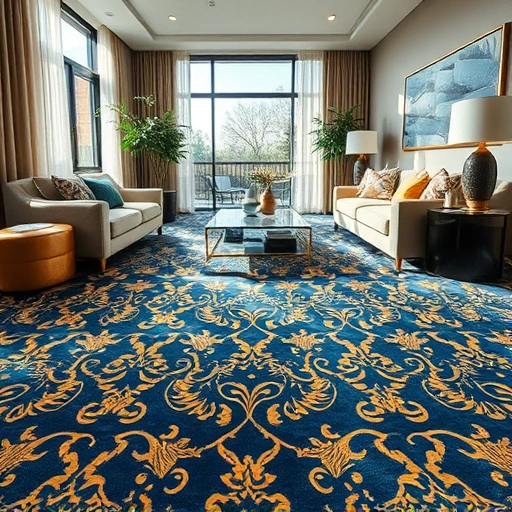 Luxurious living room in Wells Branch TX with deep blue and gold carpet, modern furniture, and natural light.
