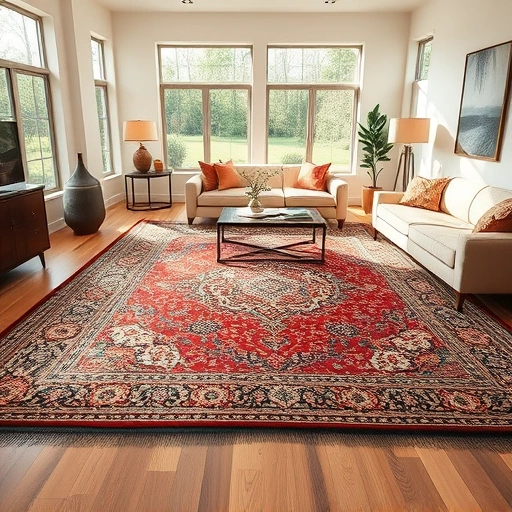 Carpet installation in Liberty Hill featuring vibrant patterns in a spacious, stylishly furnished room with natural light.