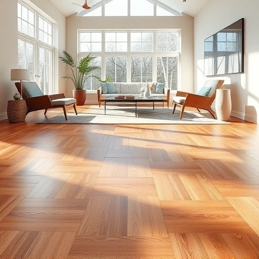 Beautifully installed herringbone hardwood floor in Anderson Mill TX, surrounded by modern furniture and natural light.