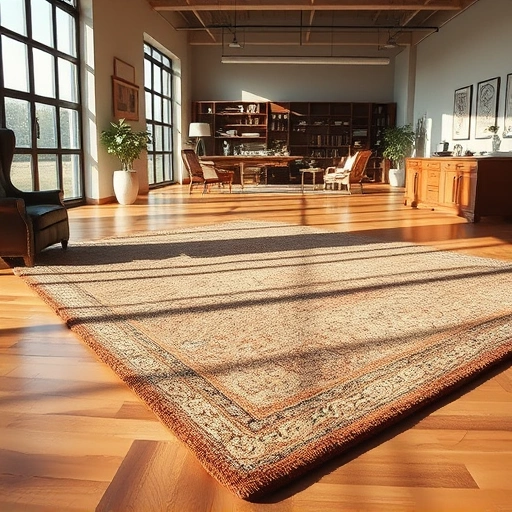 Carpet with intricate patterns on polished hardwood floor in modern workspace, showcasing craftsmanship and warmth.