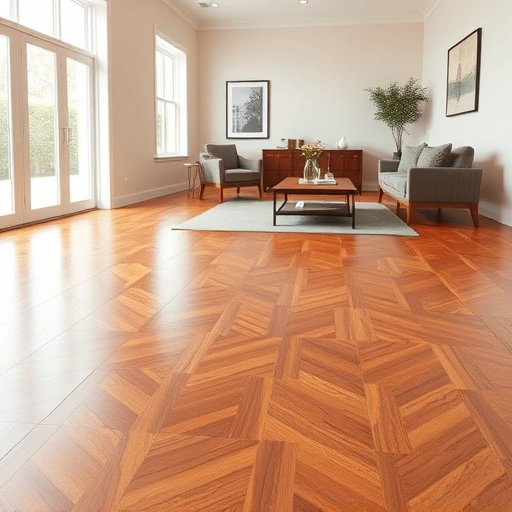 Completed hardwood flooring installation in Taylor TX featuring herringbone pattern, rich tones, and elegant decor.