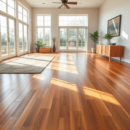 Spacious room with natural light, rich hardwood flooring, stylish rug, neutral walls, and minimalist decor.