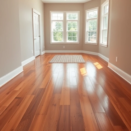 Bright room with large windows showcasing rich hardwood flooring, perfectly aligned planks, and muted wall colors.