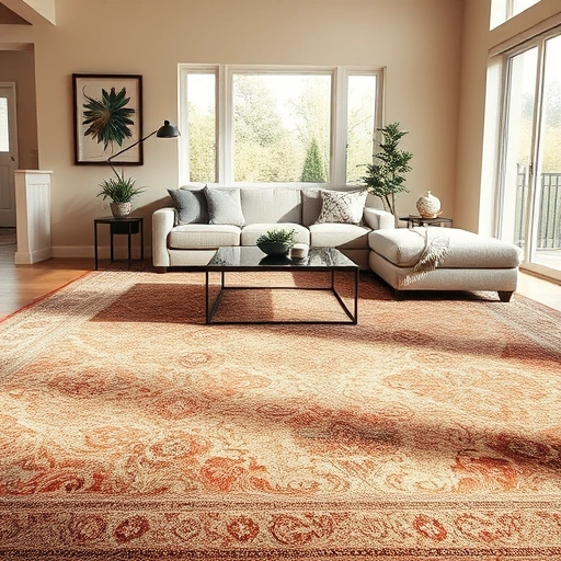 Completed carpet installation in Del Valle TX showcasing rich patterns and textures in a stylish living room setting.