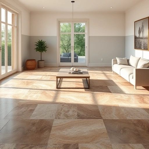 Natural stone tile flooring in a spacious room with large windows, showcasing rich textures and calming decor.