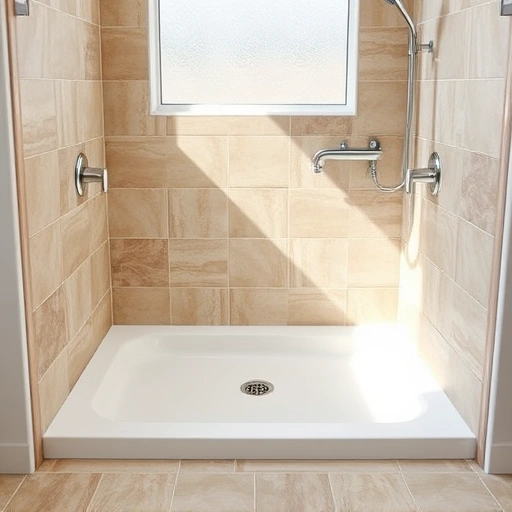 Shower pan replacement in Round Rock features sleek design, clean grout lines, and modern fixtures in a stylish bathroom.