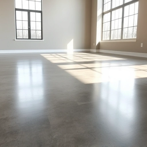 Completed floor leveling project in Round Rock with polished concrete, modern baseboards, and soft lighting.