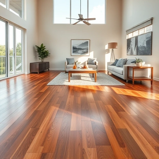 A hardwood floor installation in Hornsby Bend TX showcases rich tones and glossy finish with modern furnishings.