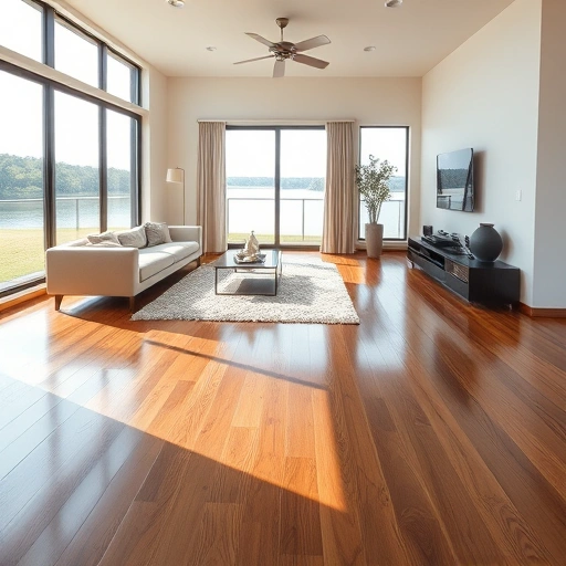Spacious living room in Point Venture TX with polished hardwood floors and serene lake view through large windows.