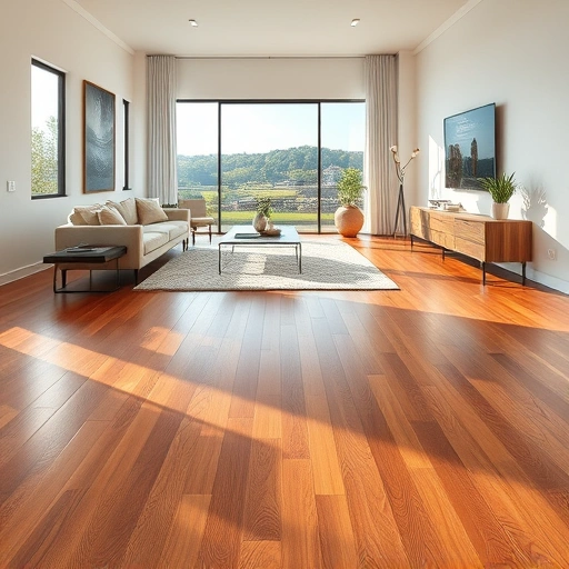Spacious living room in Liberty Hill with polished hardwood floors, modern decor, and lush greenery outside.