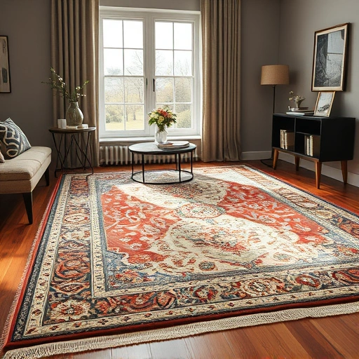 Completed carpet in Jonestown TX with intricate patterns on polished wood floor, natural light enhancing decor.