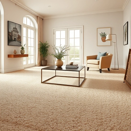 Plush carpet installation in Hutto TX, warm earth tones in a stylish living room with natural light and elegant decor.