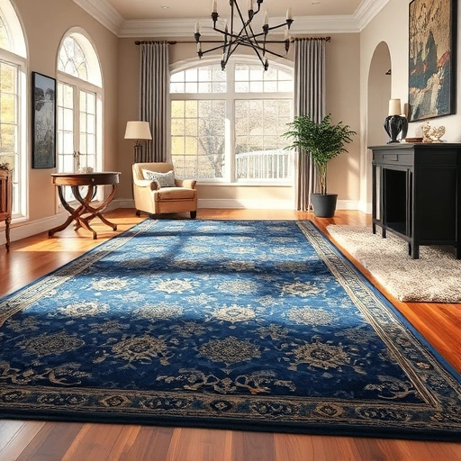 Completed carpet installation in Volente TX featuring deep blue carpet on hardwood floor with elegant decor and natural light.