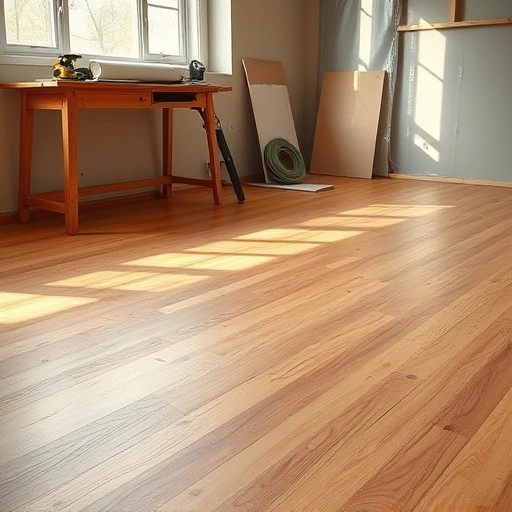Completed subfloor repair in Round Rock showcasing smooth wooden surface with prominent grain and soft natural lighting.