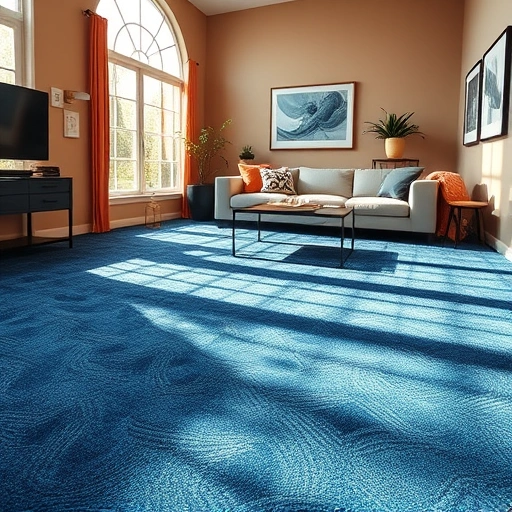 Carpet installation in a modern living room with deep blue carpet, natural light, and stylish decor in Sunset Valley TX.