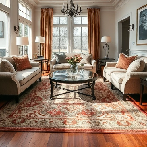 Luxurious living room in Georgetown TX showcasing intricate patterned carpet, elegant furniture, and natural light.
