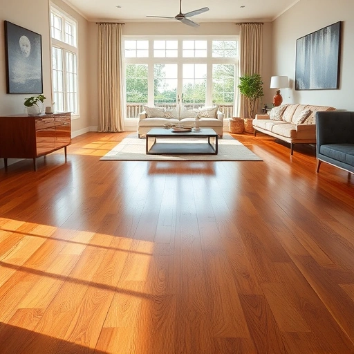 Spacious elegantly designed room in Bee Cave TX with polished hardwood floors reflecting natural light.